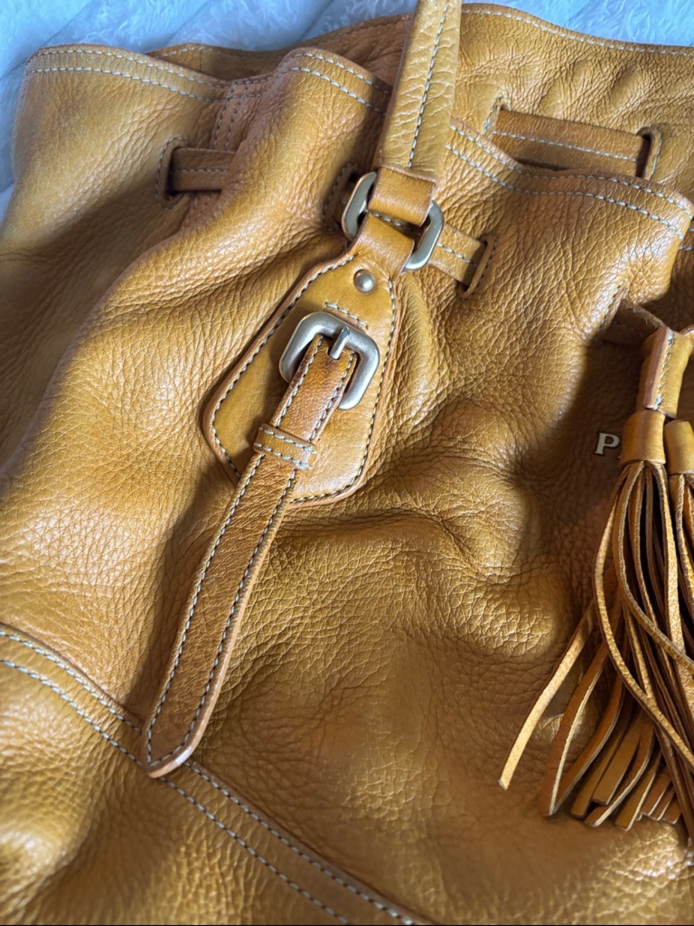 Prada Yellow-Tan Leather Drawstring Shoulder Bag - Picture 16 of 16
